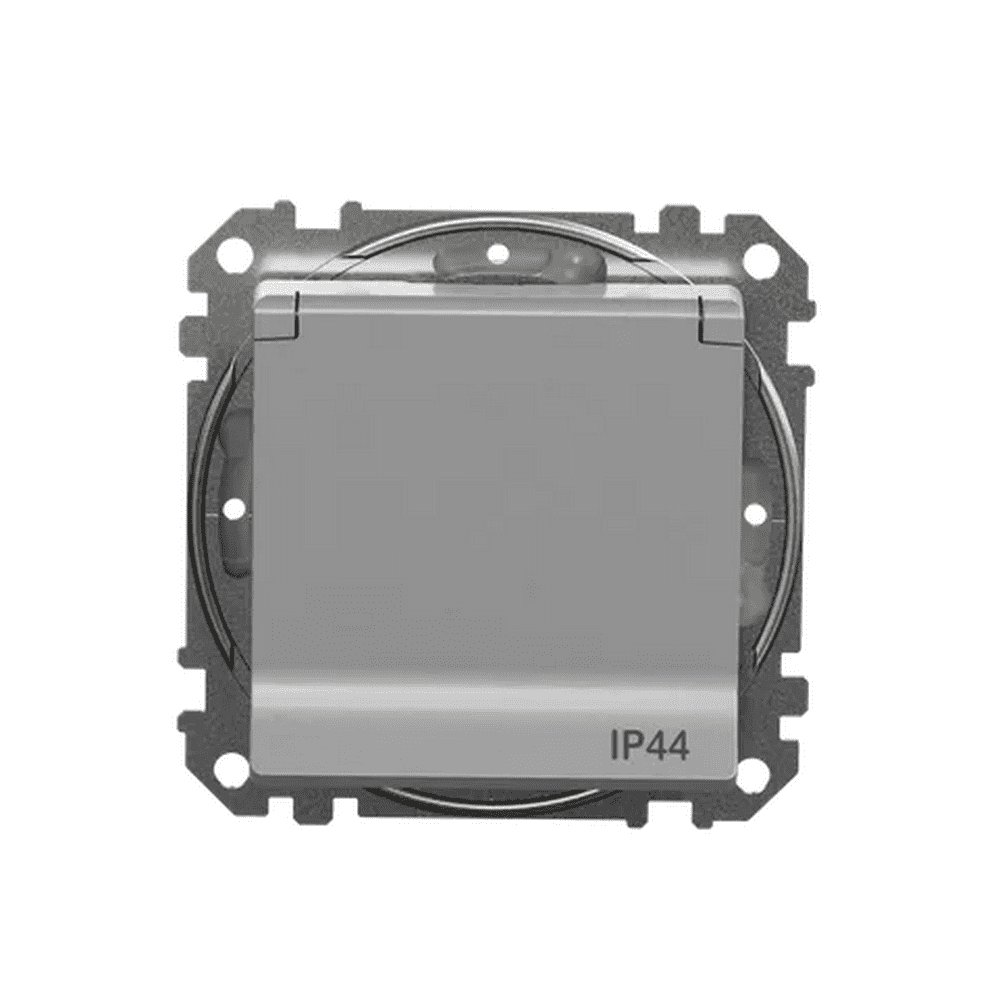 Розетка Schneider Sedna Design алюміній 1-на з заземленням з шторками та кришкою IP44 ( SDD213024 )